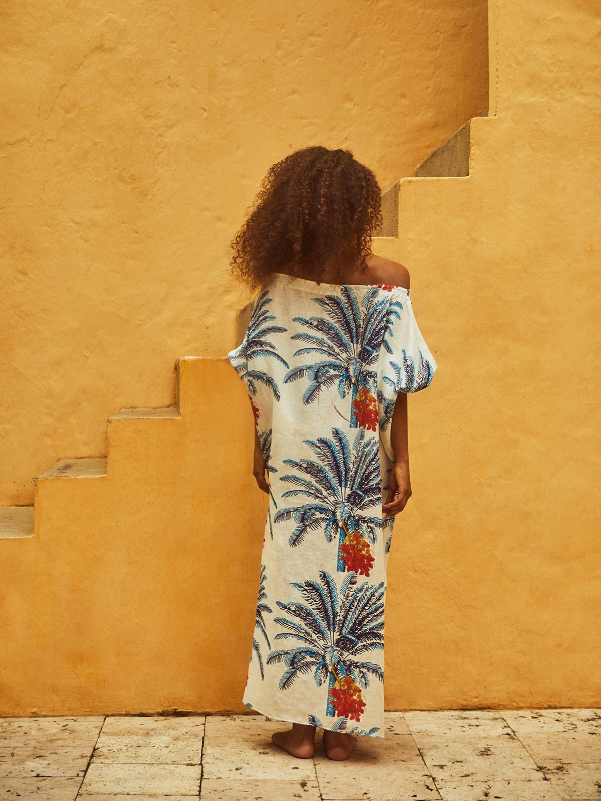 San Gregorio Linen Midi Dress | White Blue Palms San Gregorio Linen Midi Dress | White Blue Palms