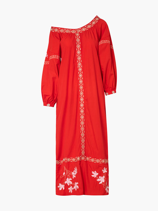Buganvilias Cotton Embroidered Maxi Dress | Red