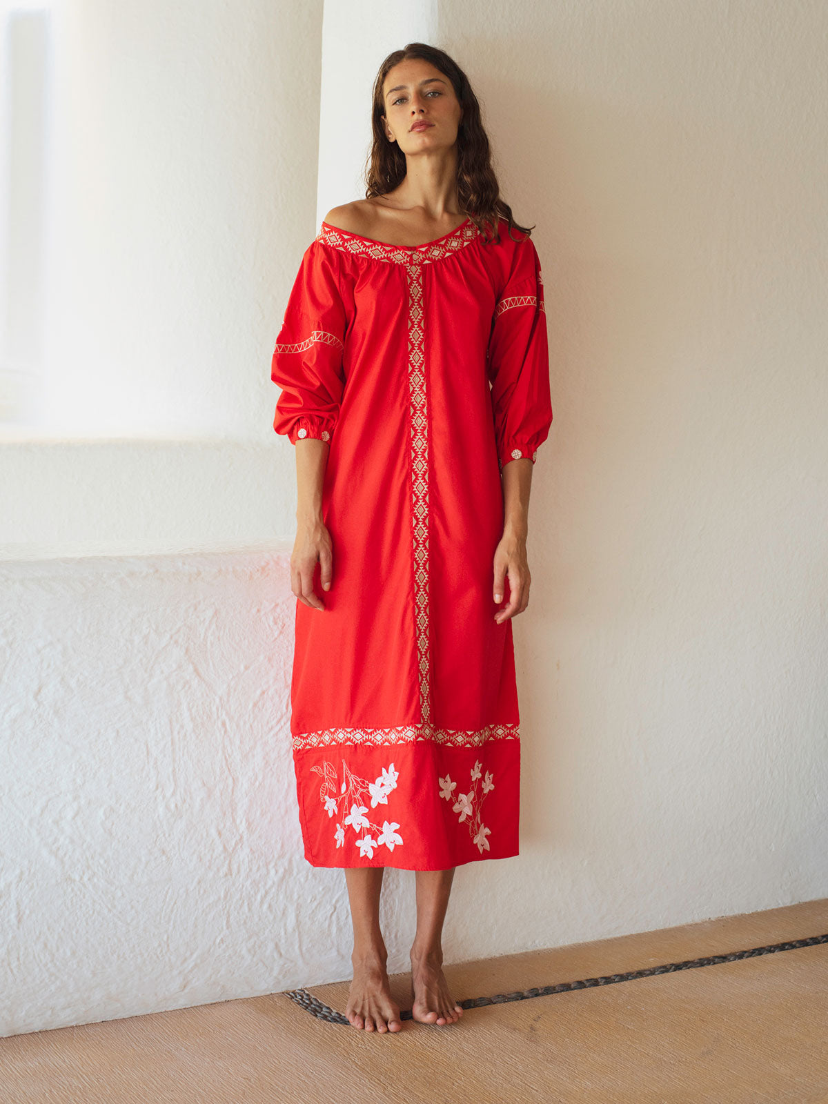 Buganvilias Cotton Embroidered Maxi Dress | Red Buganvilias Cotton Embroidered Maxi Dress | Red