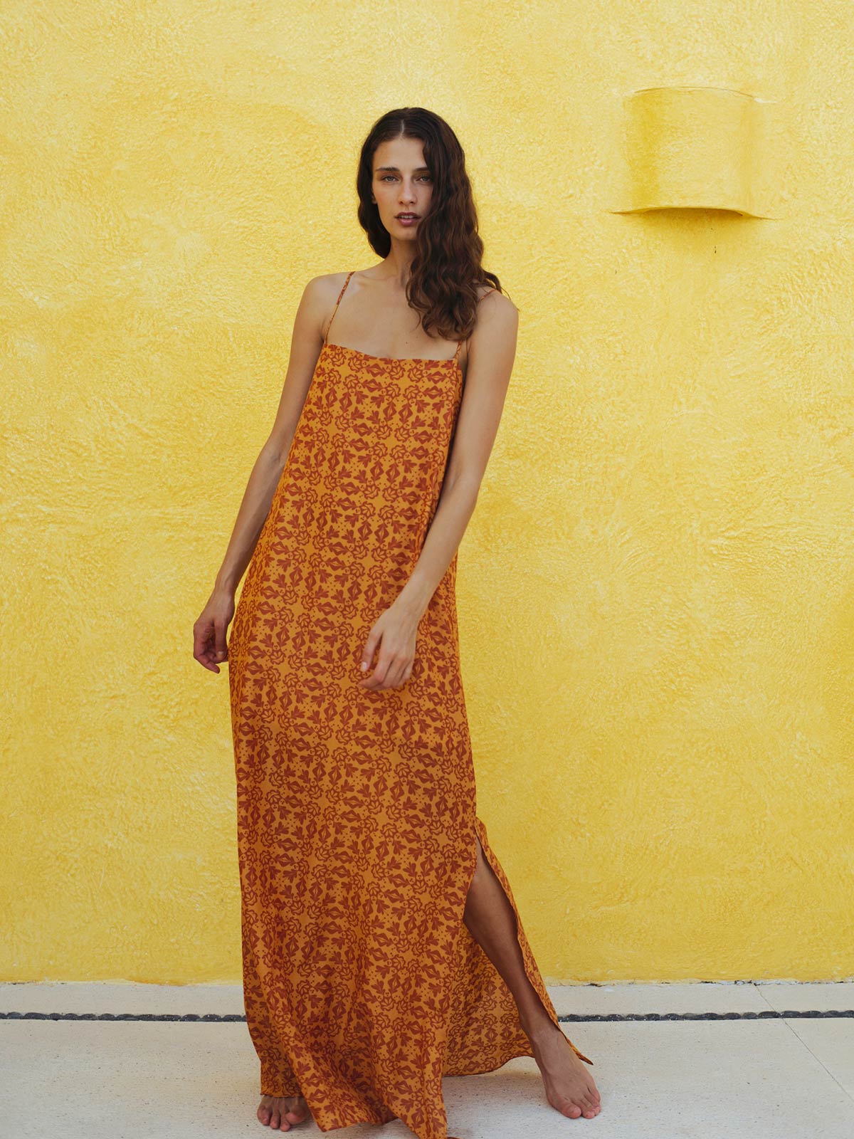 Copa del Sol Cotton-Silk Maxi Dress | Mustard Arabesque Copa del Sol Cotton-Silk Maxi Dress | Mustard Arabesque