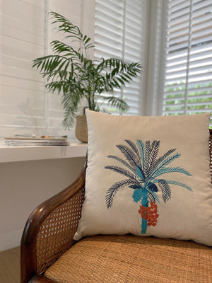 Palm Tree Embroidered Cushion Cover | Blue Palm Tree Embroidered Cushion Cover | Blue