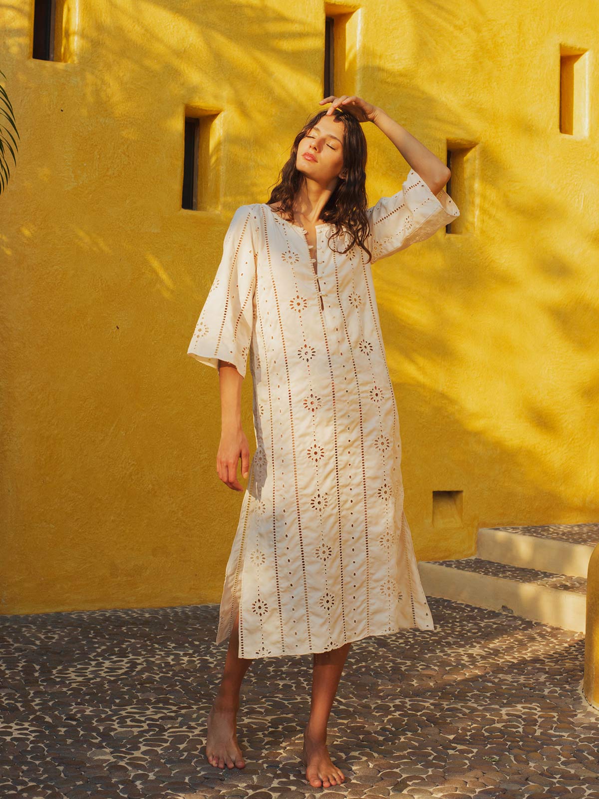 Lisa Cotton Eyelet Midi Dress | Beige