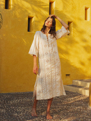 Lisa Cotton Eyelet Midi Dress | Beige Lisa Cotton Eyelet Midi Dress | Beige