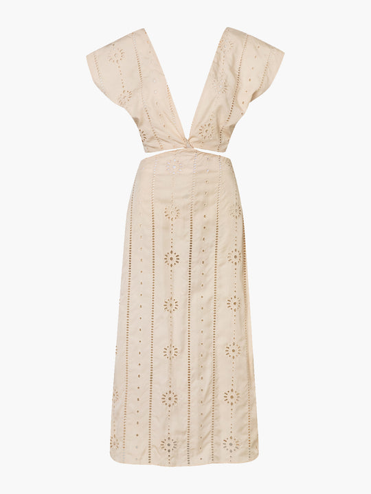Quinto Sol Cotton Eyelet Midi Dress | Beige