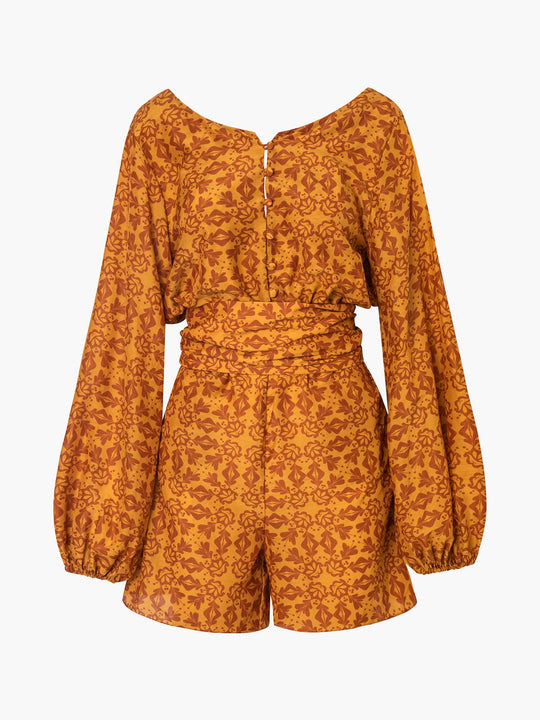 Tarde de Verano Cotton-Silk Romper | Mustard Arabesque