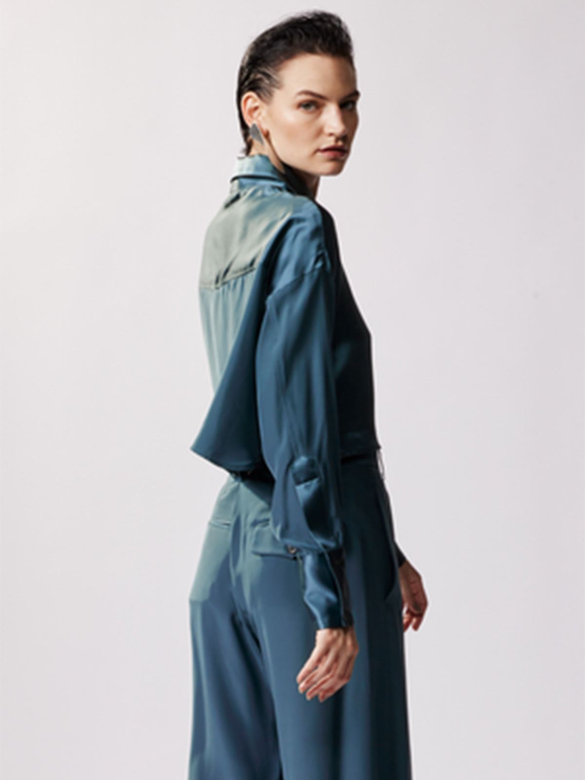 Cropped Oversized Satin Button Up | Forest Cropped Oversized Satin Button Up | Forest