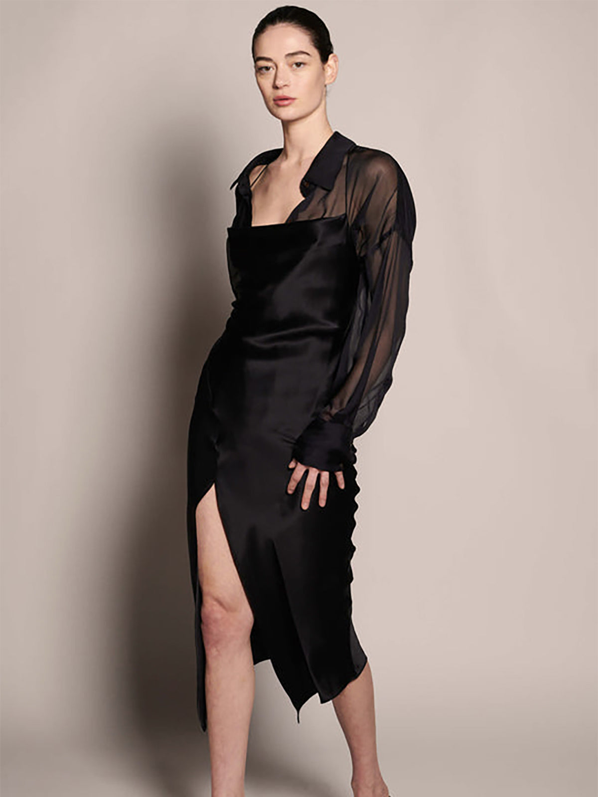 Juno Front Slit Slip Dress | Black