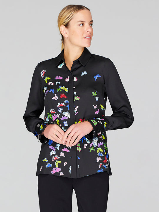 Flutter Print Georgette Collared Shirt With Relaxed Sleeve