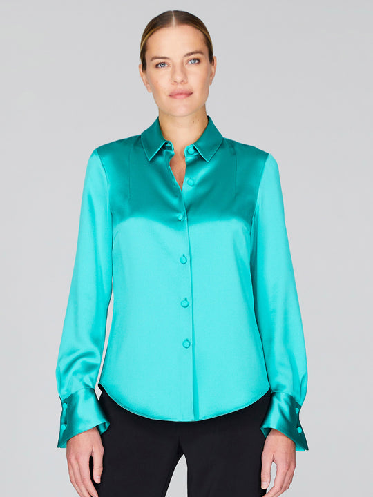 Satin Button Down Collared Shirt With Relaxed Sleeve | Celadon