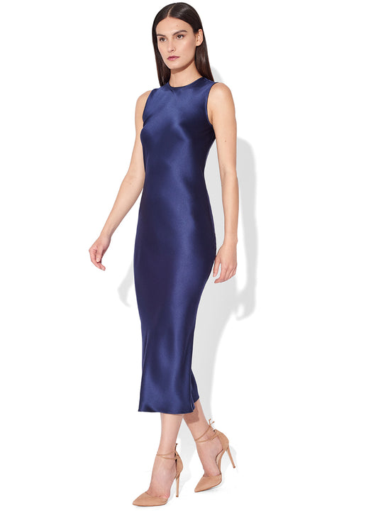 Satin Crew Neck Bias Dress | Marine
