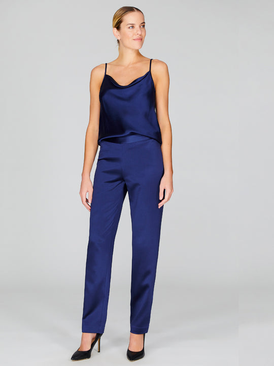Satin Narrow Leg Pant With Back Zip | Marine