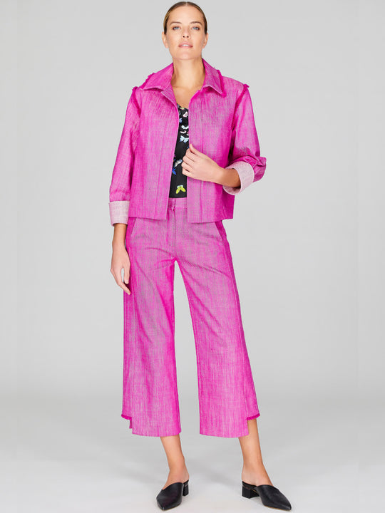 Fringed Denim Short Collared Boxy Jacket