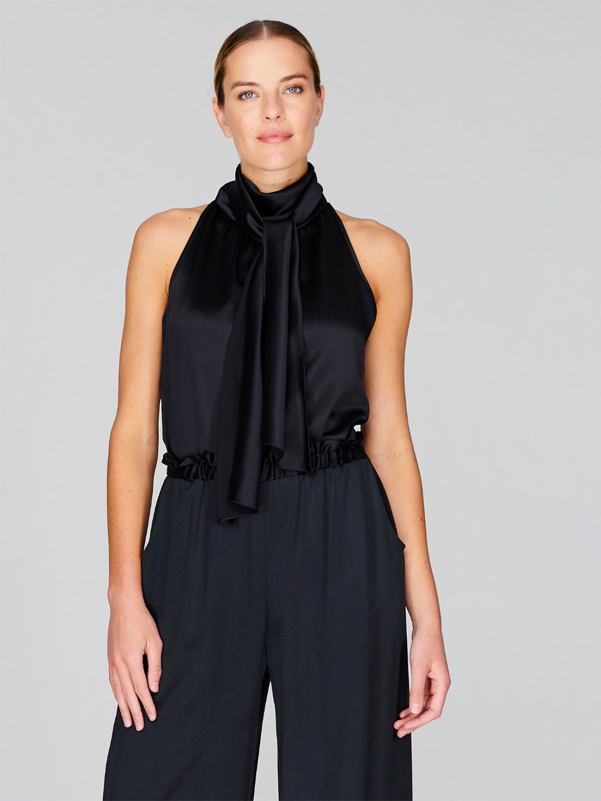 Satin Tie Neck Top | Black Satin Tie Neck Top | Black