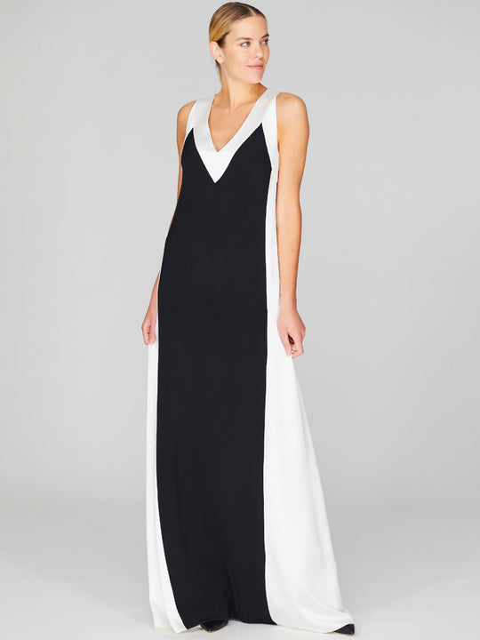 Satin V-Neck Gown With Contrast Panels