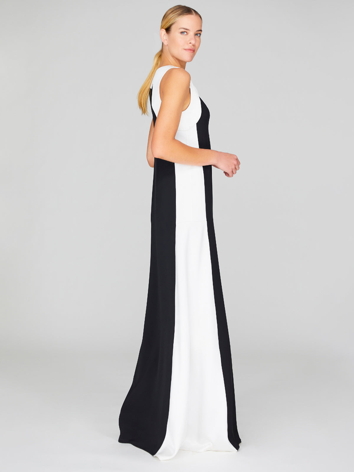 Satin V-Neck Gown With Contrast Panels Satin V-Neck Gown With Contrast Panels