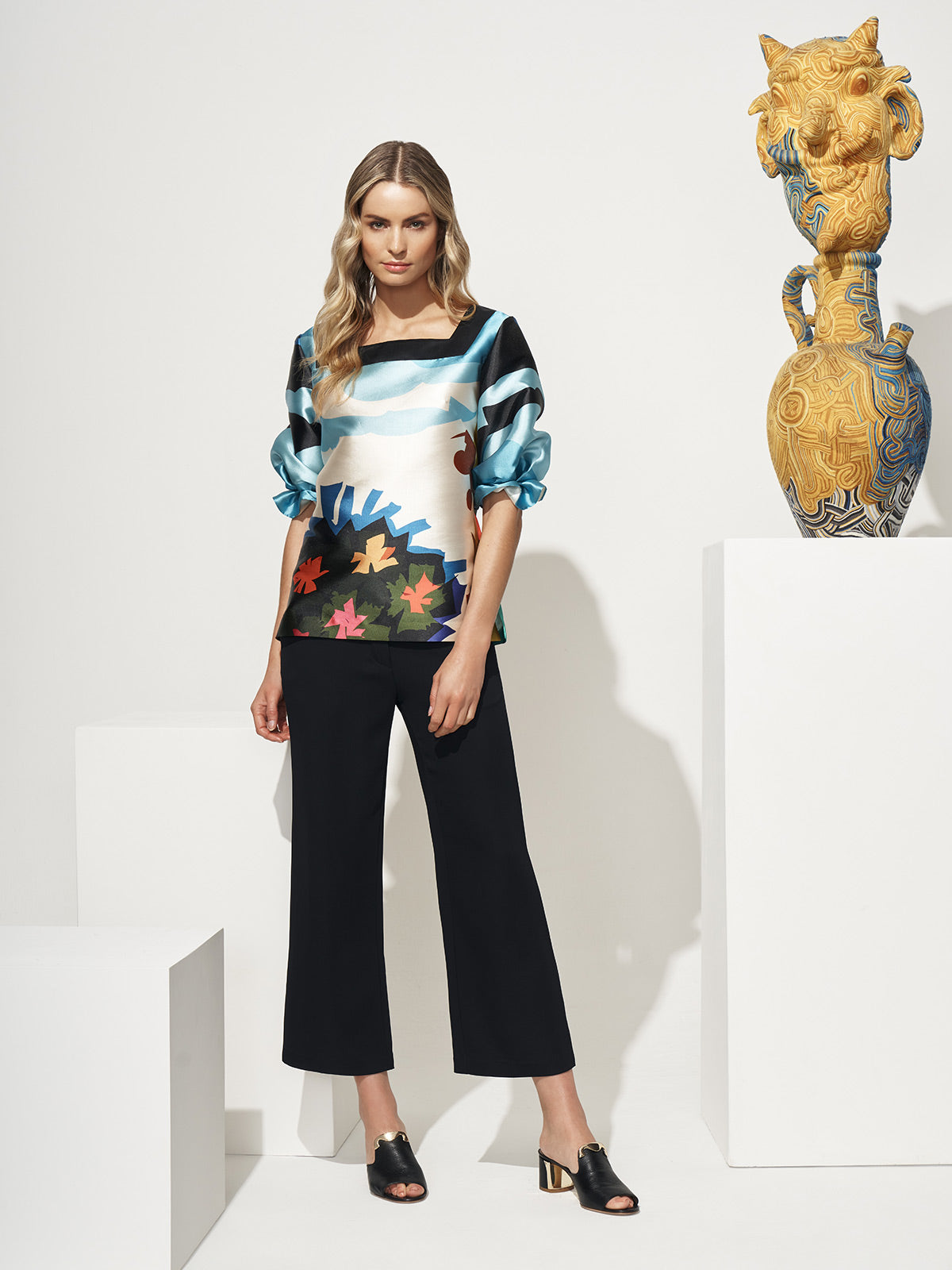 Pleat Sleeve Square Neck Blouse | Modern Abstract Floral Pleat Sleeve Square Neck Blouse | Modern Abstract Floral