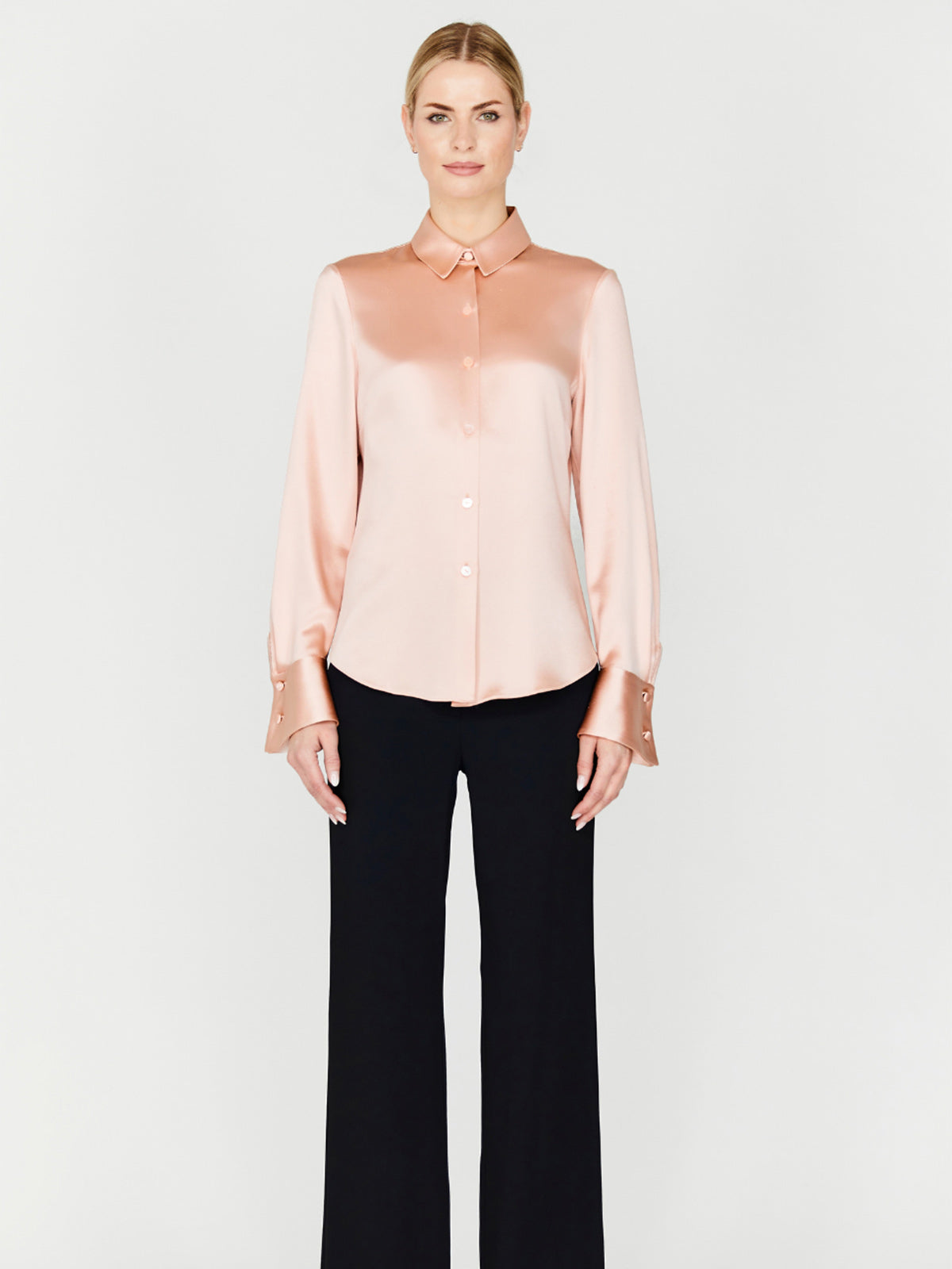 Satin Button Down Collared Shirt With Relaxed Sleeve Satin Button Down Collared Shirt With Relaxed Sleeve