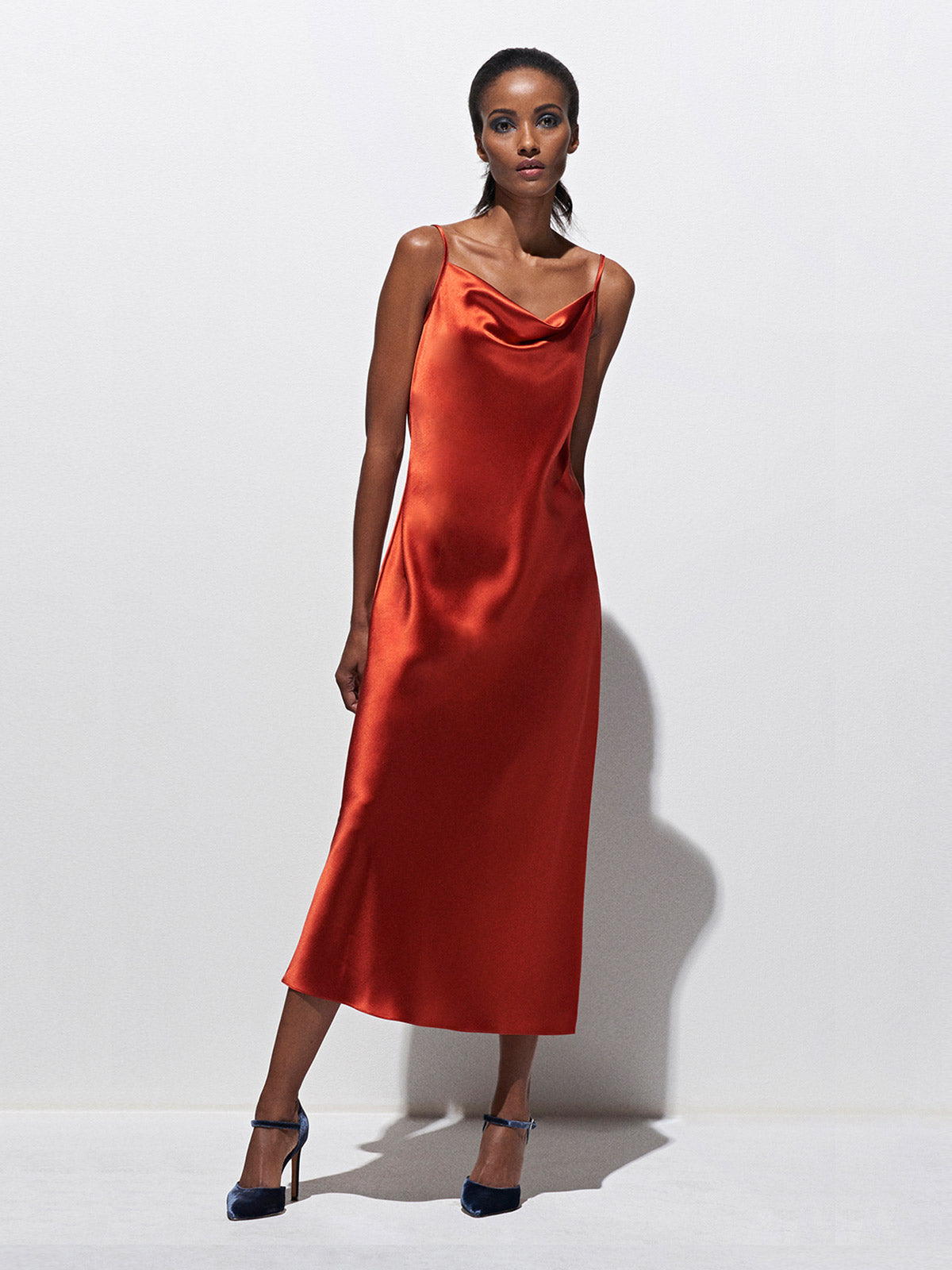 Draped Spaghetti Strap Midi Dress | Burnt Orange Draped Spaghetti Strap Midi Dress | Burnt Orange - Fashionkind