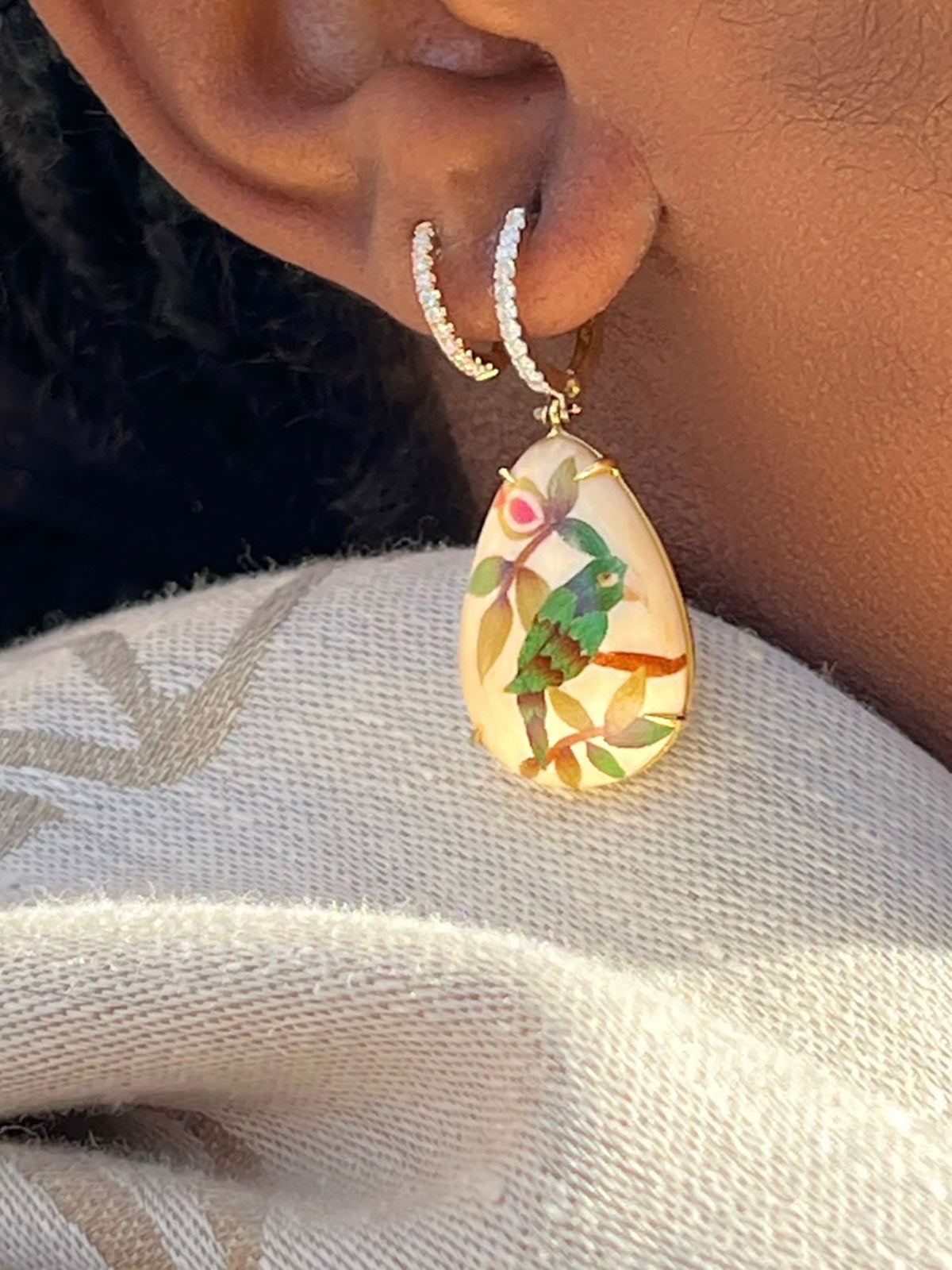 Drop Marquetry Earrings | Guava and Parrot on Cream Drop Marquetry Earrings | Guava and Parrot on Cream