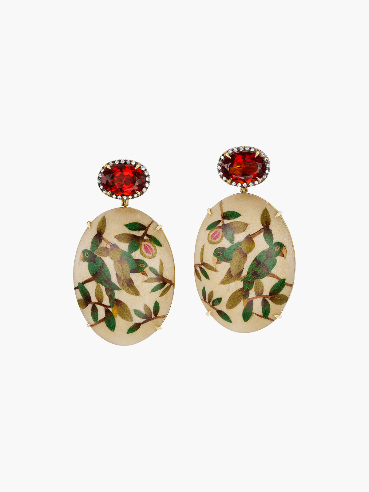 Oval Marquetry Earrings | Guava and Parrot with Citrine & Diamonds