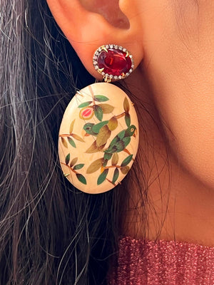 Oval Marquetry Earrings | Guava and Parrot with Citrine & Diamonds Oval Marquetry Earrings | Guava and Parrot with Citrine & Diamonds