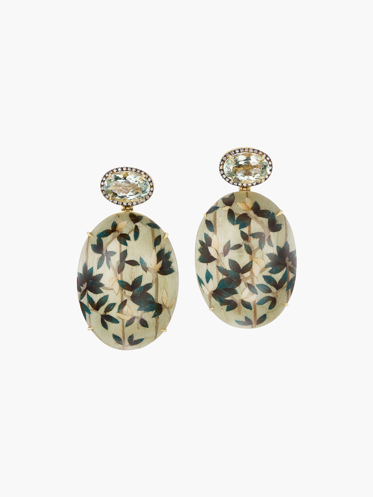 Oval Marquetry Earrings | Mangrove Leaf with Praisolite & Diamonds