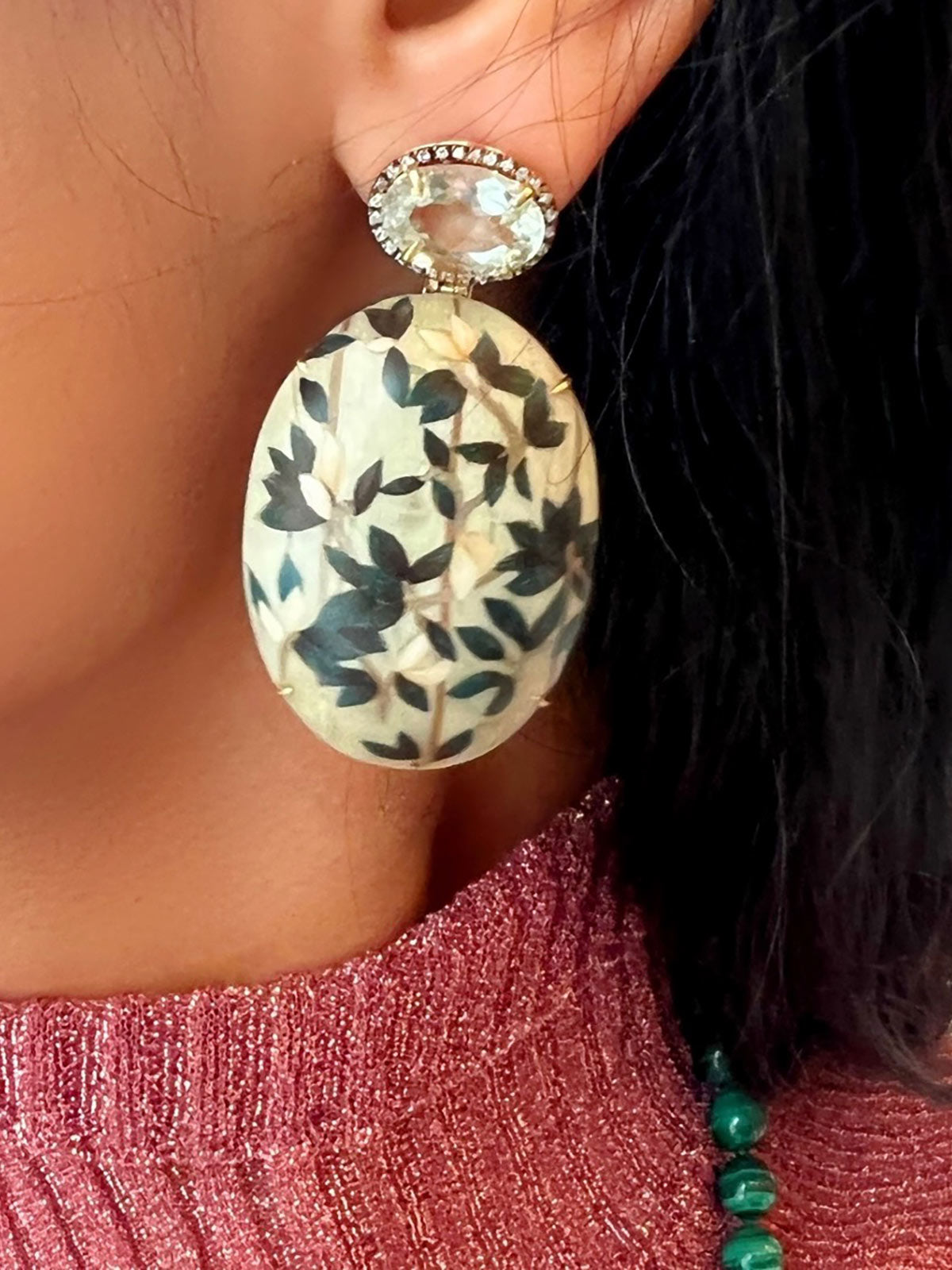 Oval Marquetry Earrings | Mangrove Leaf with Praisolite & Diamonds