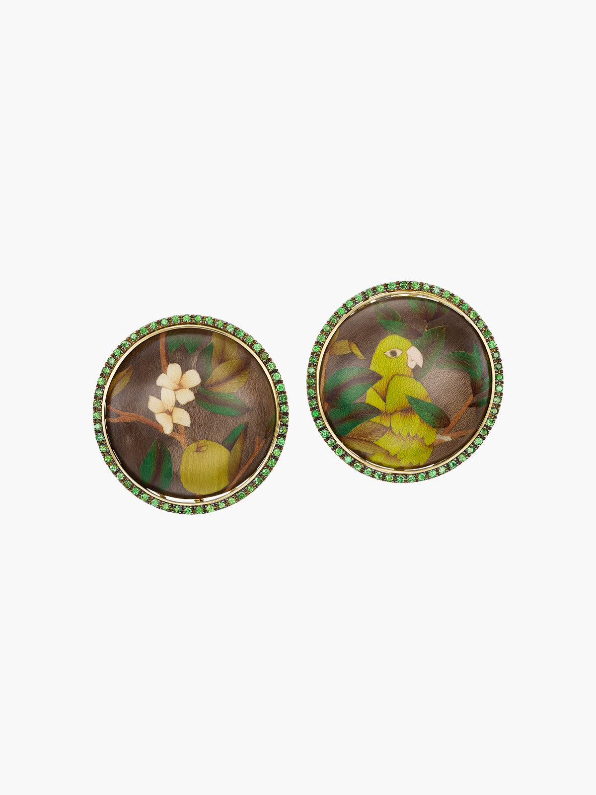 Round Marquetry Earrings with Tsavorite | Guava and Parrot on Brown Round Marquetry Earrings with Tsavorite | Guava and Parrot on Brown