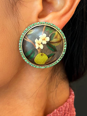 Round Marquetry Earrings with Tsavorite | Guava and Parrot on Brown Round Marquetry Earrings with Tsavorite | Guava and Parrot on Brown