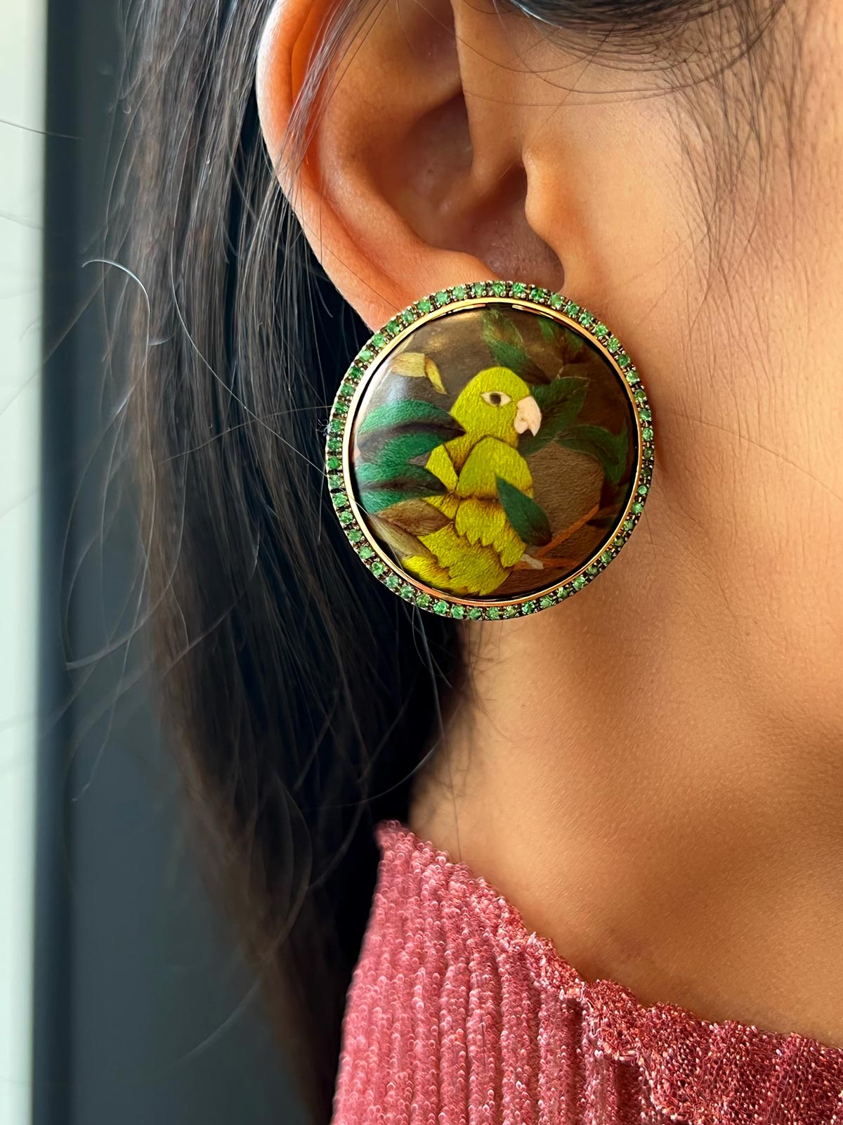 Round Marquetry Earrings with Tsavorite | Guava and Parrot on Brown Round Marquetry Earrings with Tsavorite | Guava and Parrot on Brown