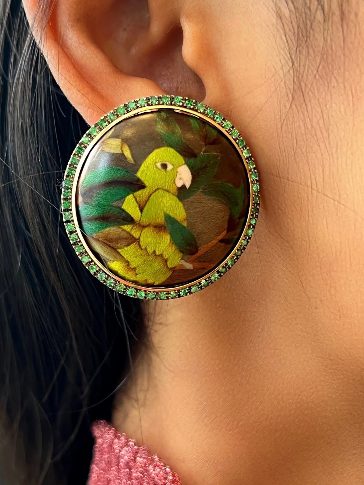 Round Marquetry Earrings with Tsavorite | Guava and Parrot on Brown Round Marquetry Earrings with Tsavorite | Guava and Parrot on Brown