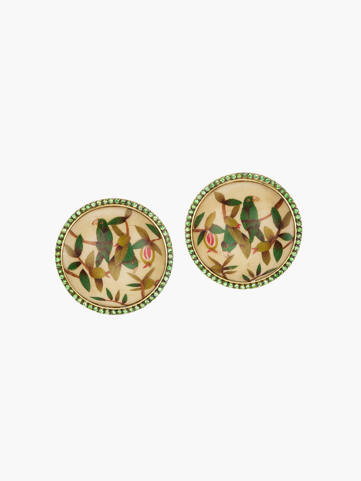 Round Marquetry Earrings with Tsavorite | Guava and Parrot on Cream Round Marquetry Earrings with Tsavorite | Guava and Parrot on Cream