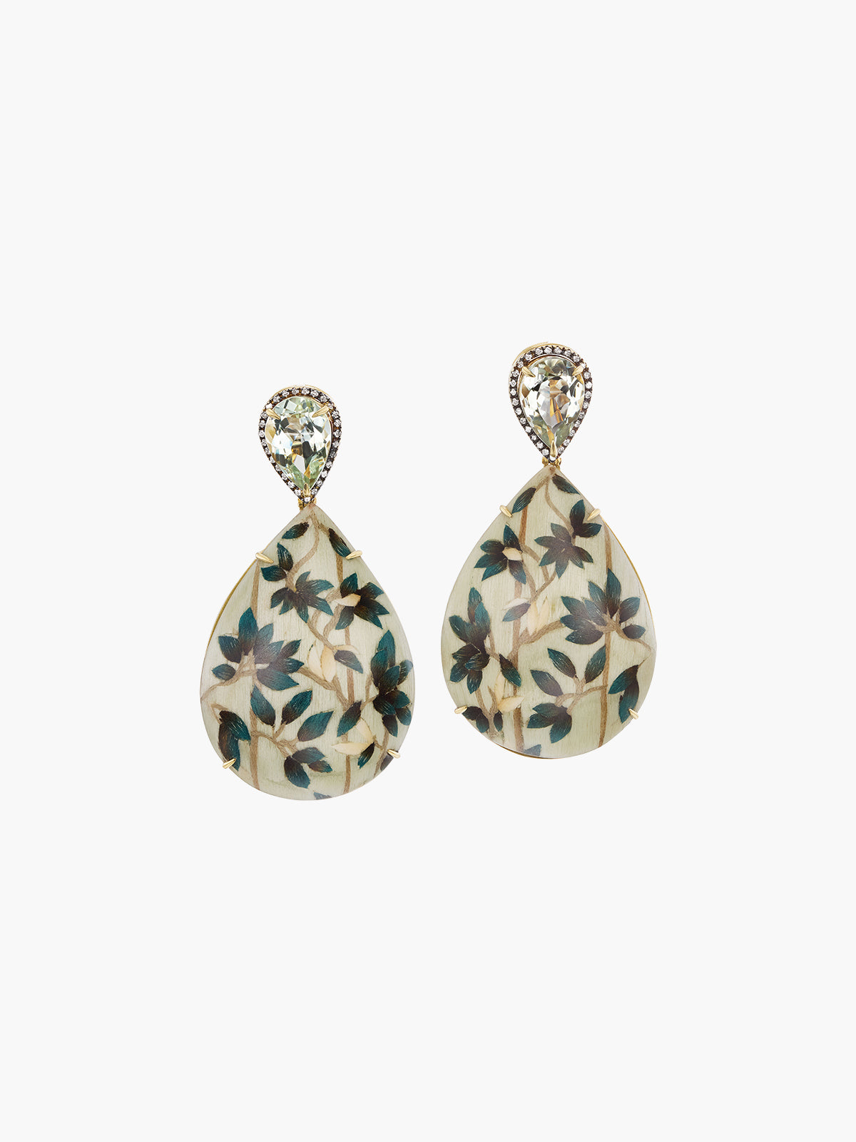 Teardrop Marquetry Earrings | Mangrove Leaf with Praisolite & Diamonds