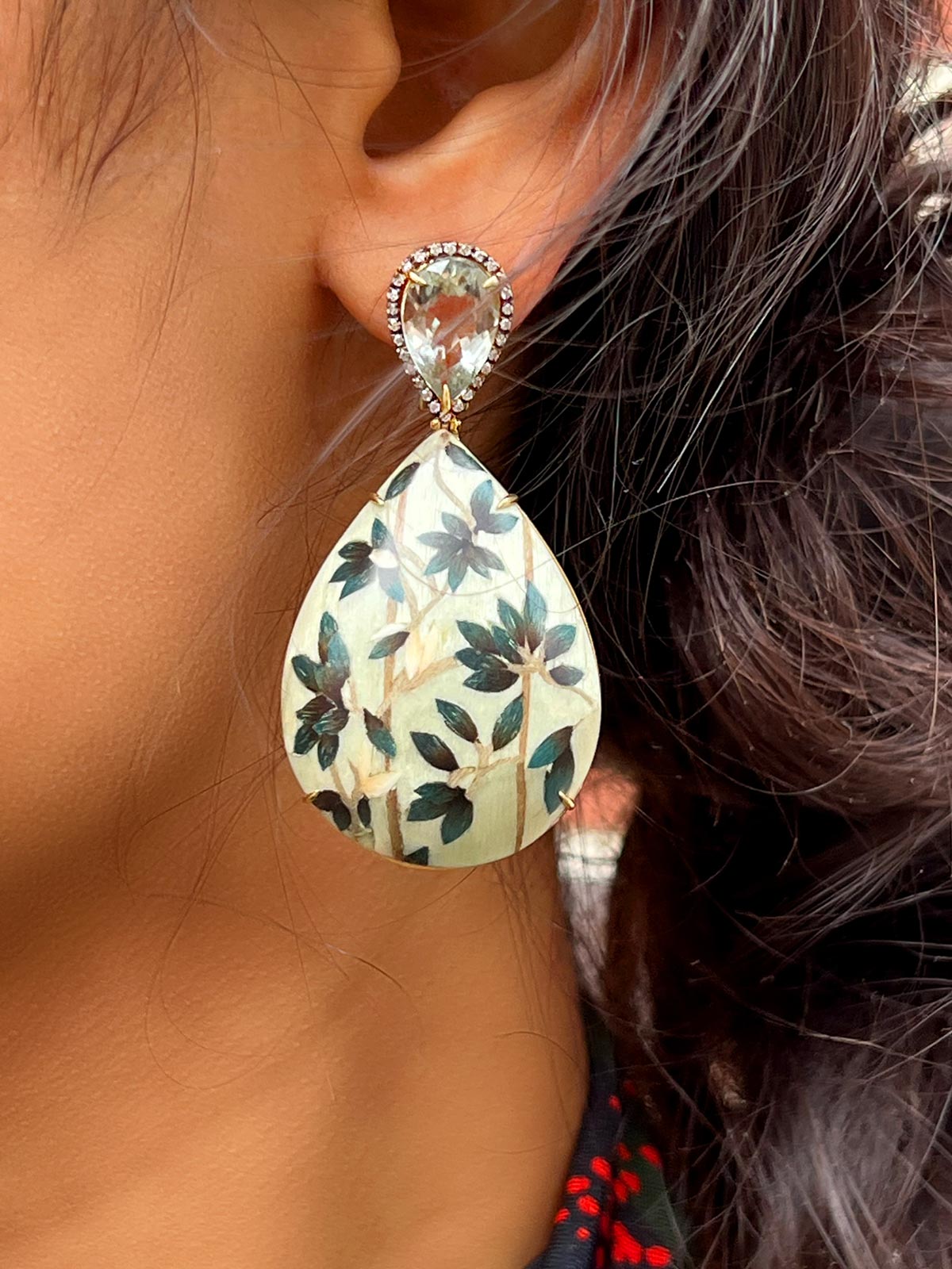 Teardrop Marquetry Earrings | Mangrove Leaf with Praisolite & Diamonds Teardrop Marquetry Earrings | Mangrove Leaf with Praisolite & Diamonds