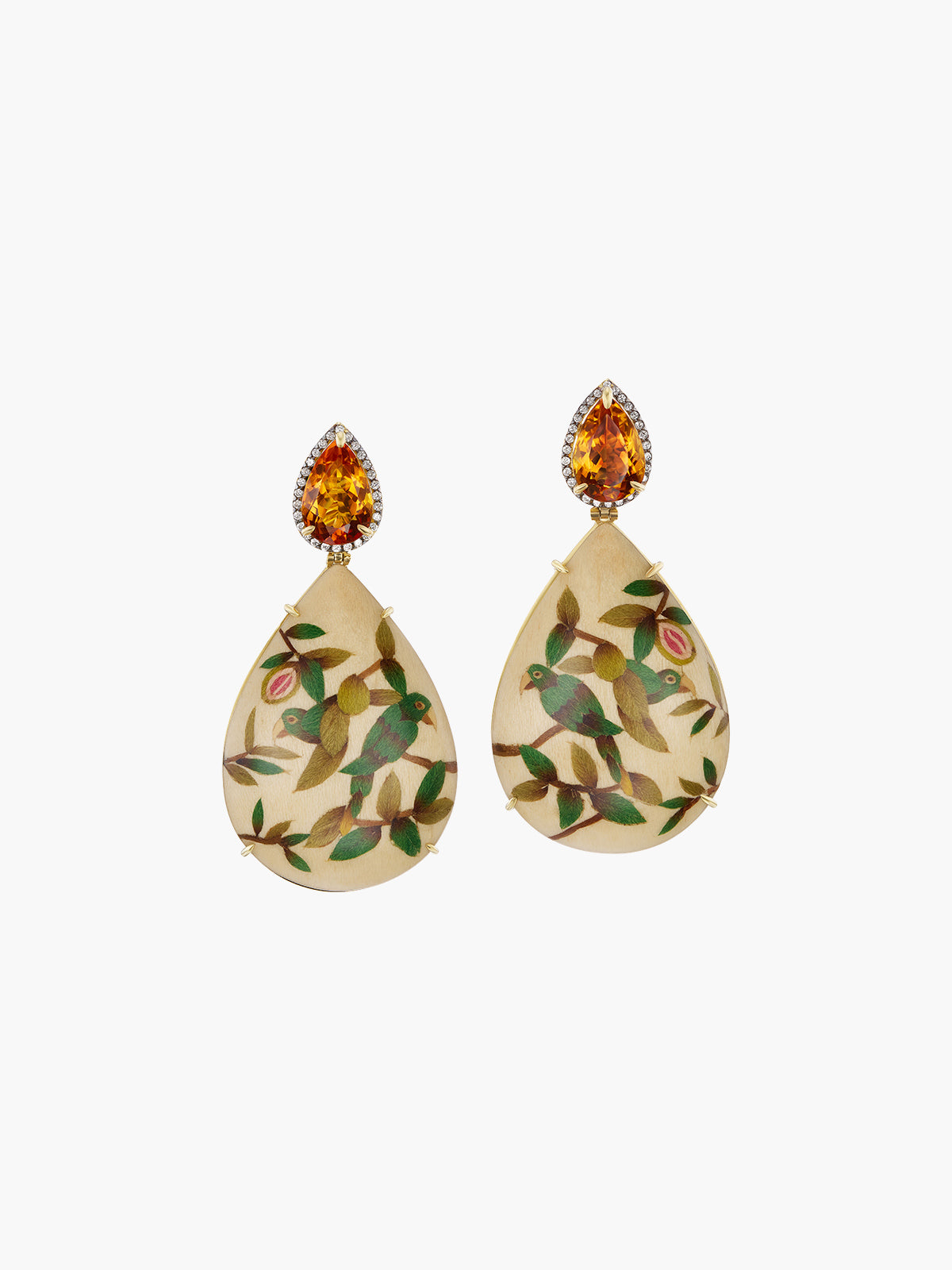 Teardrop Marquetry Earrings | Guava and Parrot on Cream with Citrine & Diamonds Teardrop Marquetry Earrings | Guava and Parrot on Cream with Citrine & Diamonds