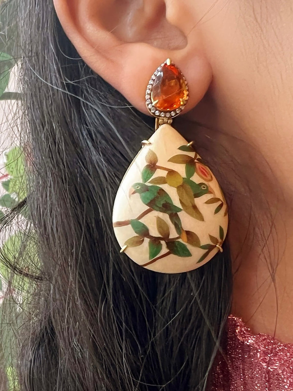 Teardrop Marquetry Earrings | Guava and Parrot on Cream with Citrine & Diamonds