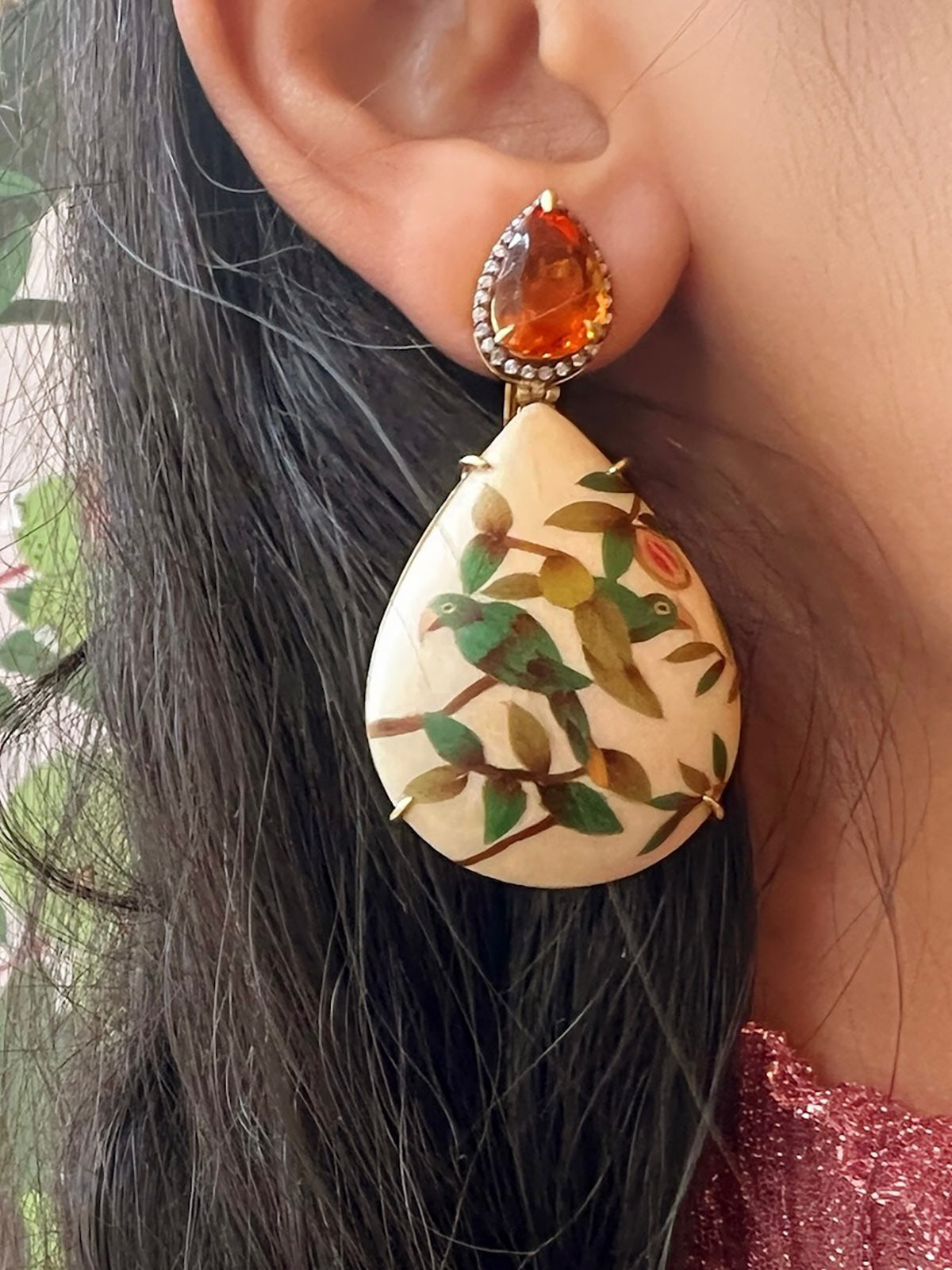 Teardrop Marquetry Earrings | Guava and Parrot on Cream with Citrine & Diamonds Teardrop Marquetry Earrings | Guava and Parrot on Cream with Citrine & Diamonds
