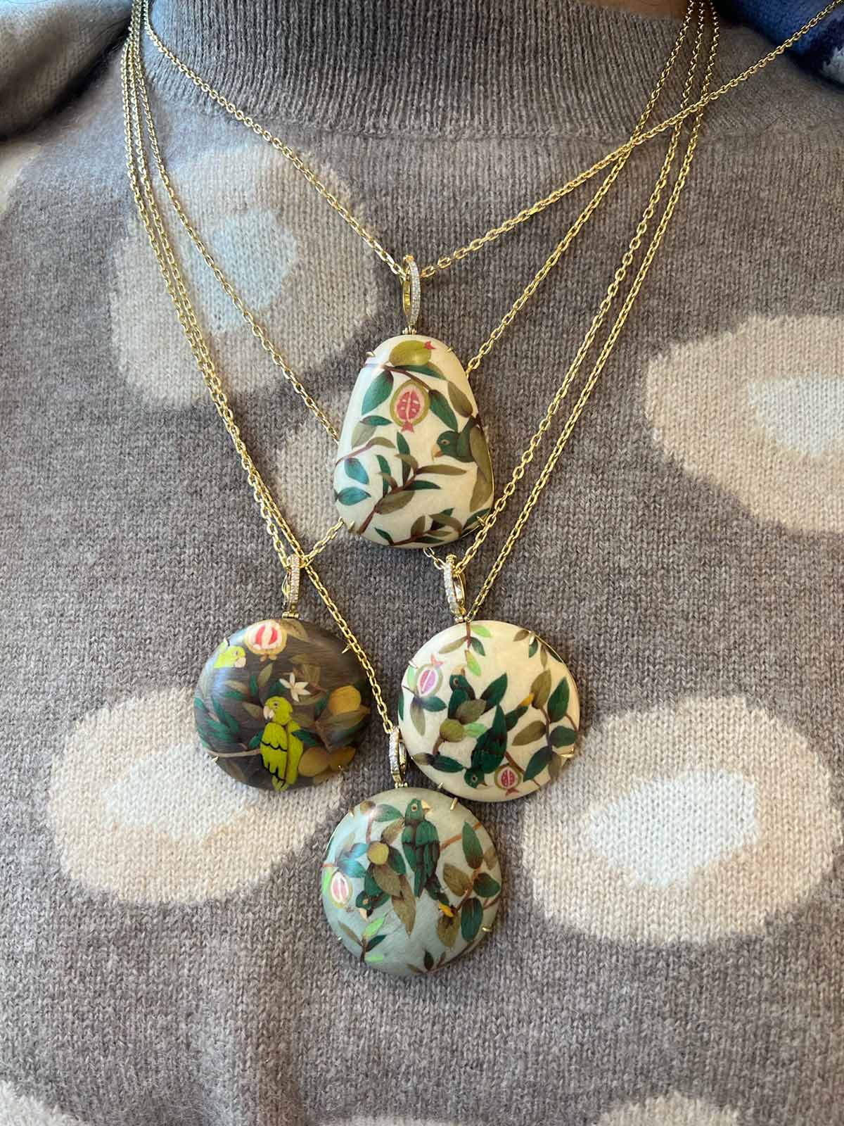 Round Marquetry Necklace | Guava and Parrot on Brown Round Marquetry Necklace | Guava and Parrot on Brown