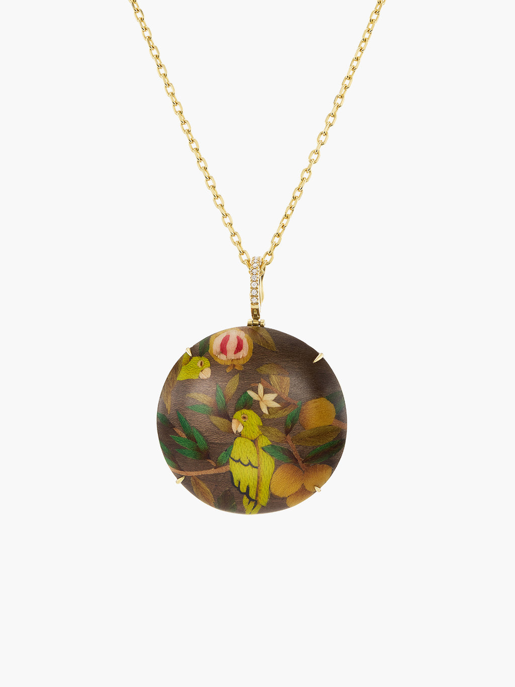 Round Marquetry Necklace | Guava and Parrot on Brown