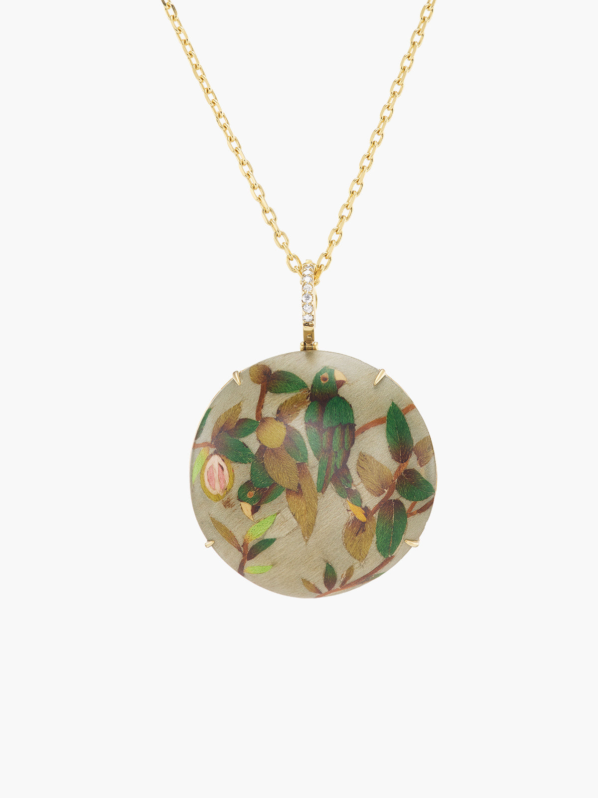 Round Marquetry Necklace | Guava and Parrot on Taupe Round Marquetry Necklace | Guava and Parrot on Taupe