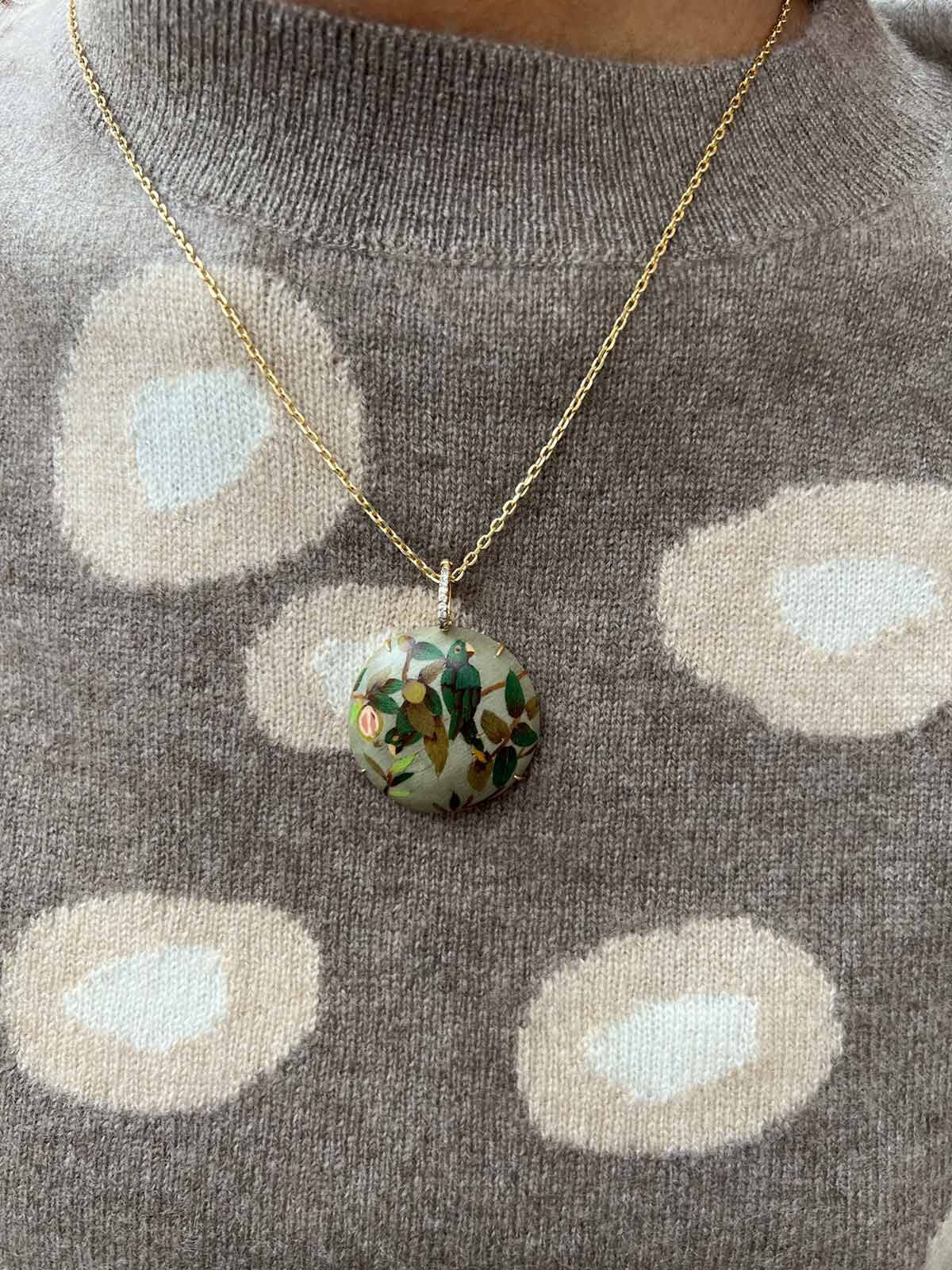 Round Marquetry Necklace | Guava and Parrot on Taupe Round Marquetry Necklace | Guava and Parrot on Taupe