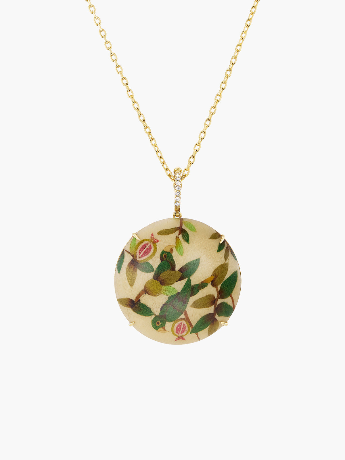 Round Marquetry Necklace | Guava and Parrot on Cream