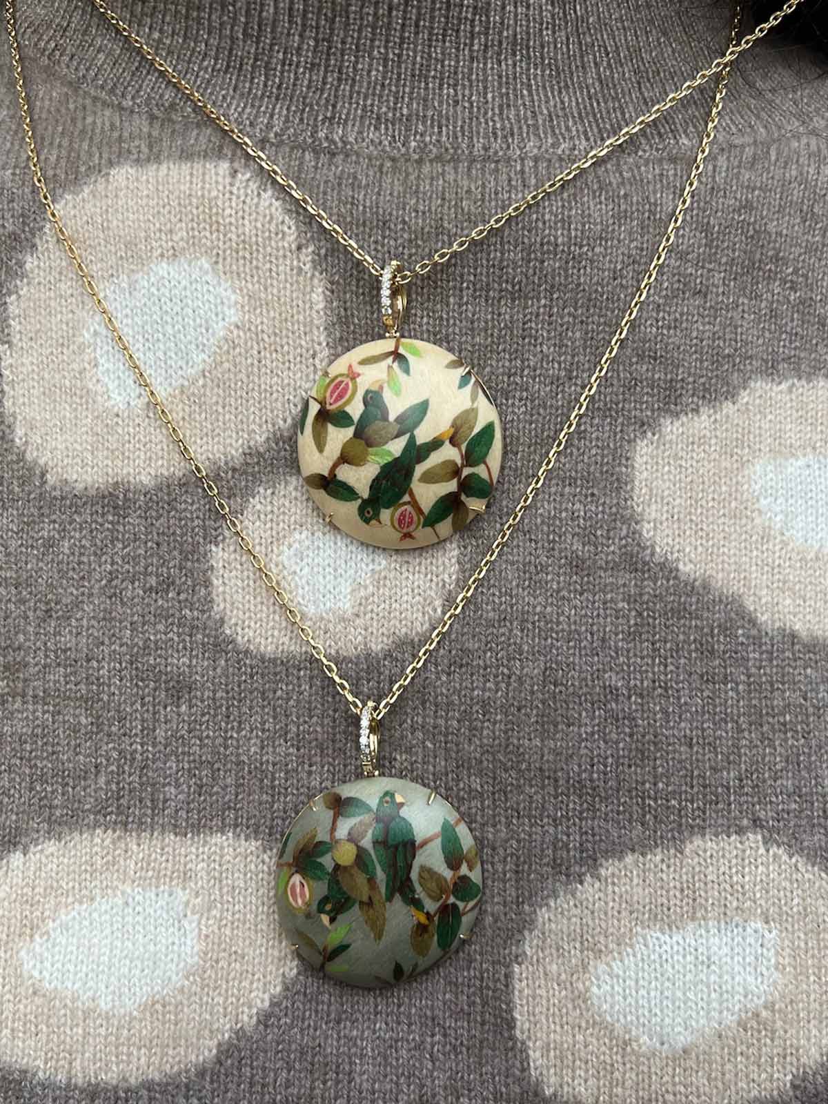 Round Marquetry Necklace | Guava and Parrot on Cream Round Marquetry Necklace | Guava and Parrot on Cream