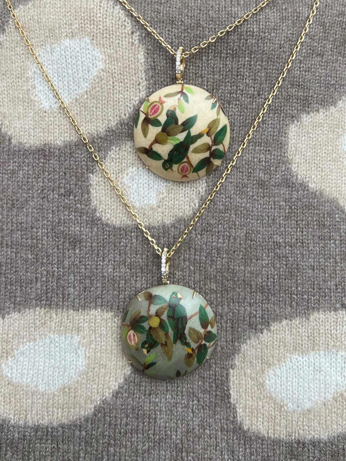 Round Marquetry Necklace | Guava and Parrot on Taupe Round Marquetry Necklace | Guava and Parrot on Taupe