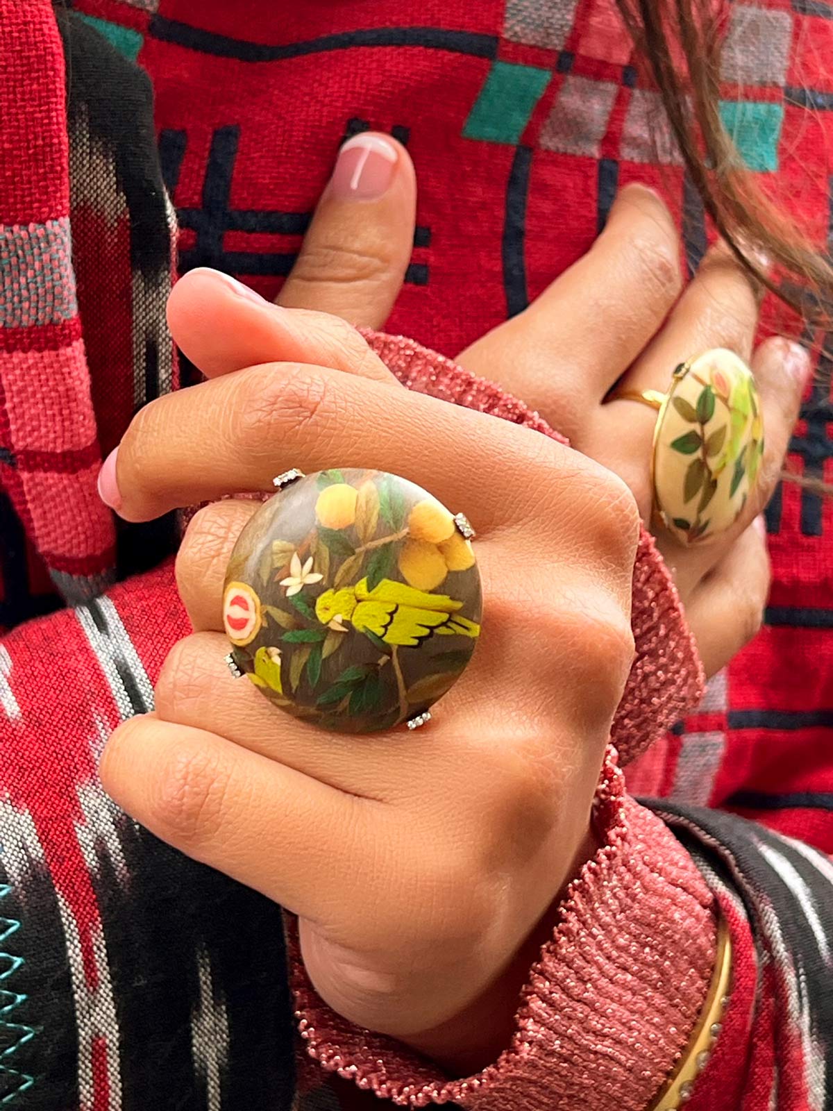 Marquetry Cocktail Ring | Guava and Parrot on Brown Marquetry Cocktail Ring | Guava and Parrot on Brown